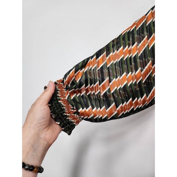 Golbary Womens Blouse Size XL Green Orange Chevron Metallic Dolman Smocked Hem - Picture 3 of 8